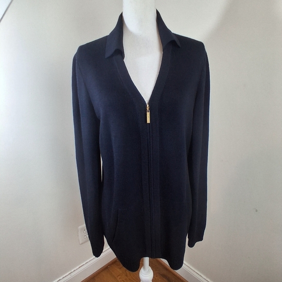 St. John Collection Santana Navy Blue Knit Zip Cardigan Wool Sweater Size Small - Picture 7 of 11